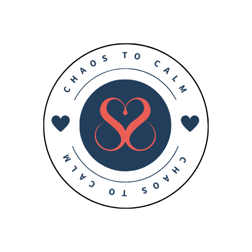 Chaos to Calm logo, a heart and infinity motif in a round badge